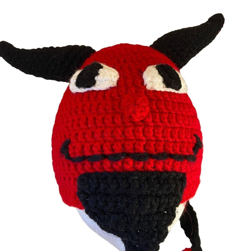 #6204 Knit BEANNIE Red Devils Demons School mascot cap hand made